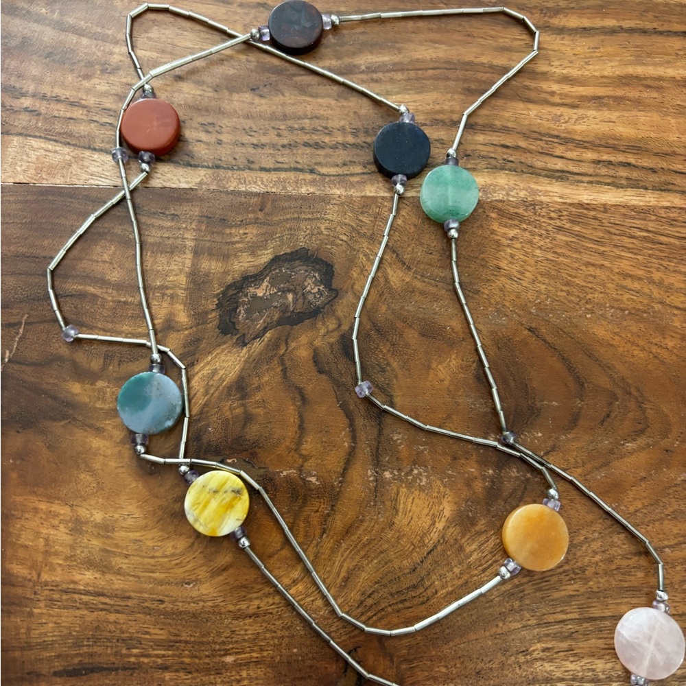 Vintage liquid silver multi Stone Bead disk Long Necklace - Women Jewelry BOHO